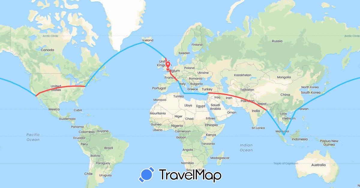 TravelMap itinerary: driving, hiking, boat in Switzerland, China, Cyprus, France, United Kingdom, India, Iceland, Italy, Japan, Malta, Singapore, Turkey, United States (Asia, Europe, North America)